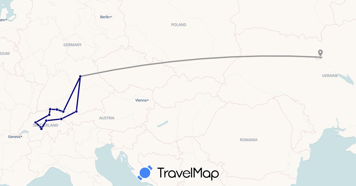 TravelMap itinerary: driving, plane in Switzerland, Germany, Liechtenstein, Ukraine (Europe)