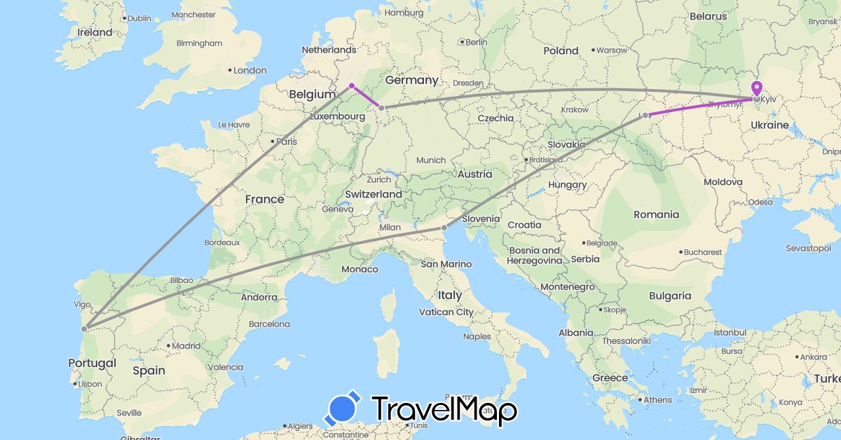 TravelMap itinerary: driving, plane, train in Germany, Italy, Portugal, Ukraine (Europe)