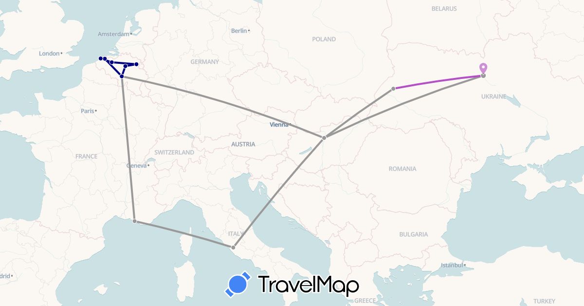 TravelMap itinerary: driving, plane, train in Belgium, France, Hungary, Italy, Ukraine (Europe)